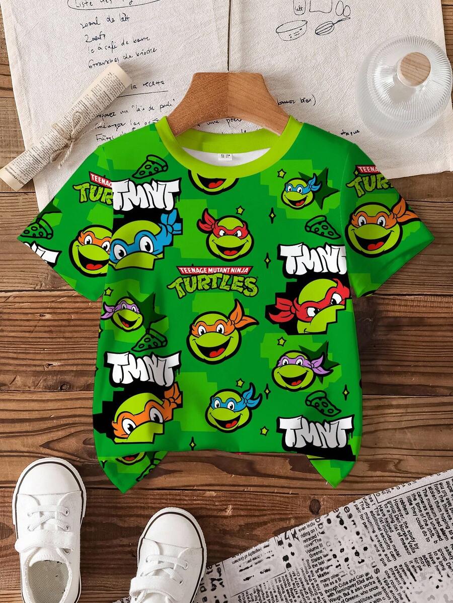 TEENAGE MUTANT NINJA TURTLES | SHEIN 小男孩字母与卡通图案圆领短袖T恤 - 白色 - 查看 1