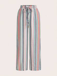 SHEIN Essnce 3pcs Plus Size Women Casual Waist Tie Pockets Straight Leg Pants Set, Suitable For Summer, Striped Fabric, Cool Wear, Easy Comfort, Casual Wear, Boho