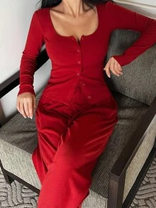 DAZY Women Fleece Knit Fitted Top And Loose Pajama Pants Set, Autumn/Winter Loungewear, Cozy Outfit, Fall Clothes - Red - View 1