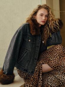 MOTF STUDIO DENIM JACKET WITH FAUX FUR LINING, FASHIONABLE LOOSE FIT AUTUMN/WINTER COAT - Grey - View 5