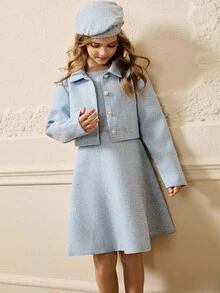 Girls Elegant Fashion Elegant Lapel Shoulder Short Jacket, Round Neck Sleeveless High Waist Short Dress, And Matching Beret Hat 3 Pieces Set, Suitable For Autumn/Winter