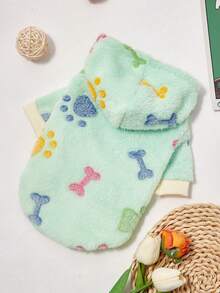 PETSIN 1pc Pets Mint Green Paw Print Bone Plush Hooded Sweatshirt, Thicken Warm For Cat & Dog Autumn/Winter - Multicolor - View 2