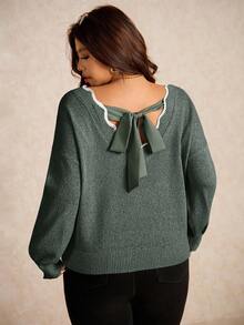 Elaquor Áo len chui đầu dáng rộng cỡ lớn dành cho nữ, màu trơn đơn giản có thiết kế buộc sau lưng, phù hợp cho mùa thu/đông - màu xanh lá - Xem 2