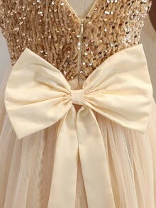 Glamorique Kids 香槟色儿童连衣裙，圣诞主题金色连衣裙，高端儿童派对服装，长款带大蝴蝶结和亮片的公主圣诞派对礼服，适合度假、秋冬季舞会穿着 - 香檳色 - 查看 6