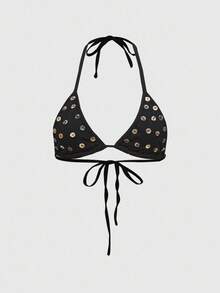ROMWE Top de bikini de mujer con decoración de botones de concha en estilo retro Y2K sexy - Negro - Ver 1