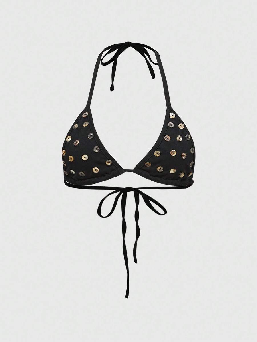 ROMWE Top de bikini de mujer con decoración de botones de concha en estilo retro Y2K sexy - Negro - Ver 1