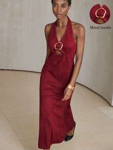 Aveloria Modichic Vintage Elegant Luxury Halter Backless Hollow Metal Buckle Decor Waist Cinched Sexy Fishtail Hem Women Long Sleeveless Dress