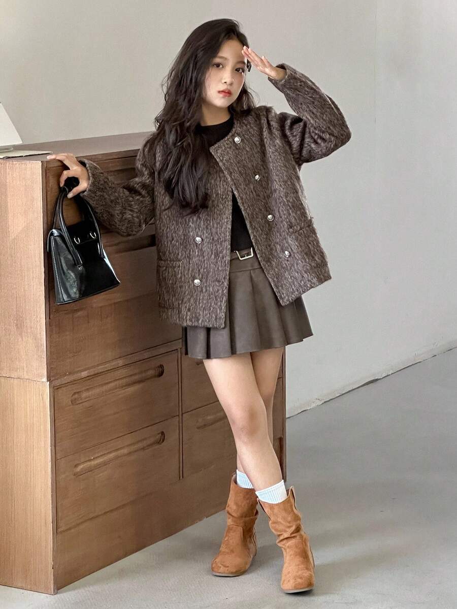 DAZY Tween Girl 1pc Double Breasted Shoulder Pad Overcoat Fall/Winter - Brown - View 1