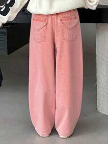 Dazy Kids Tween 女童口袋阔腿宽松休闲百搭牛仔裤 - 粉色 - 查看 4