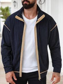 Manfinity Homme 男士休闲撞色饰边运动衫，秋季 - 藍色 - 查看 4