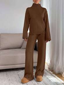 EURMUSE Women Relaxed Fit Turtle-Neck Sweater With Rib Knit Detailed And Straight Knit Pant Set - Brown - View 6