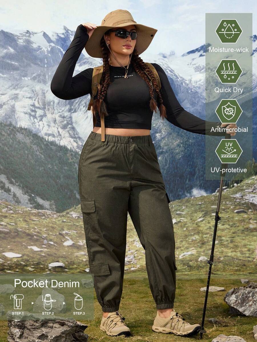 Plus Size Women's Fashion Green Elastic Waist Jeans, Cargo Outdoor Jeans For Hiking Sun Protection Lightweight Quick Dry Hiking Autumn - Army Green - View 1