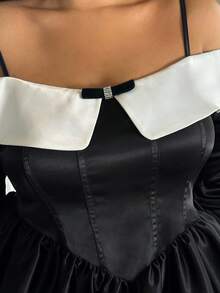 Flirla Vestido mini elegante con hombros descubiertos y mangas abullonadas para mujer de talla grande, adecuado para fiestas y eventos de estilo francés, otoño/invierno - Blanco y Negro - Ver 5