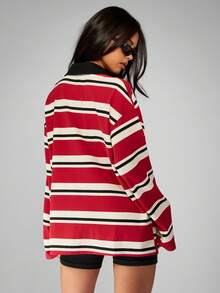 MISSGUIDED Áo thun polo kẻ sọc cổ tròn cổ điển Varsity Rugby cỡ lớn có cổ tương phản, tay dài, phong cách học sinh, thường ngày mùa thu đông - Nhiều màu - Xem 2