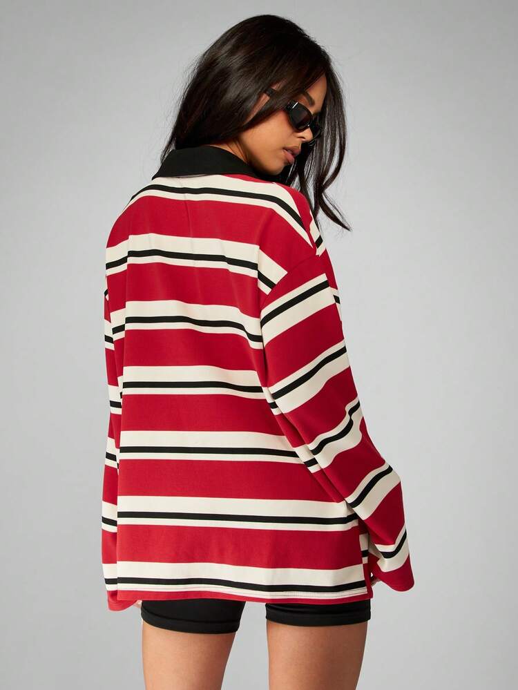 MISSGUIDED Retro Varsity Rugby Polo Stripe Oversize Pullover With Contrast Collar Autumn Winter Casual Long Sleeve Preppy Style