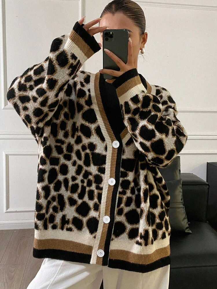 Women's V-Neck Leopard Print Loose Fit Long Sleeve Casual Cardigan Sweater Fall/Winter