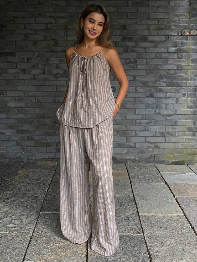 Women's Summer Striped Tie-Up Sleeveless Loose Camisole And Straight Leg Pants 2 Pieces Vacation Set