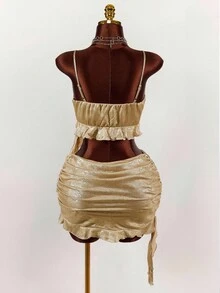 Amplova Y2K Amplova Fall/Winter Christmas New Year Thanksgiving Party Sexy Elegant New Year Tight Pleats Ruffles Party Cropped, Flowy Ruffled 2 Pieces Set For Women