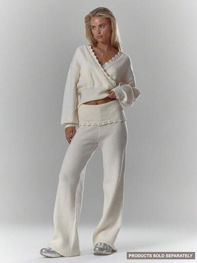 MUSERA Pantalón ancho con detalle de ganchillo en el dobladillo de la cintura, Bottom del conjunto, otoño, acogedor, lindo, casual, elegante para fiesta de noche