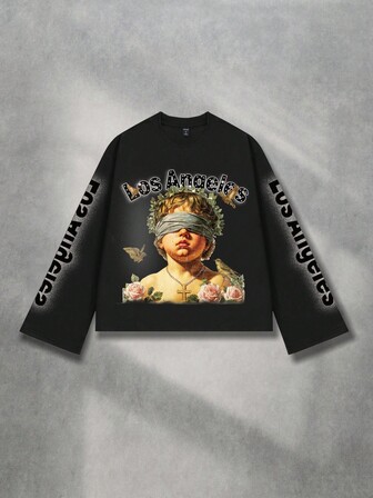 Street Life T-shirt à manches longues pour hommes avec imprimé sombre de silhouette de rue, coupe ample et courte, pour l'automne