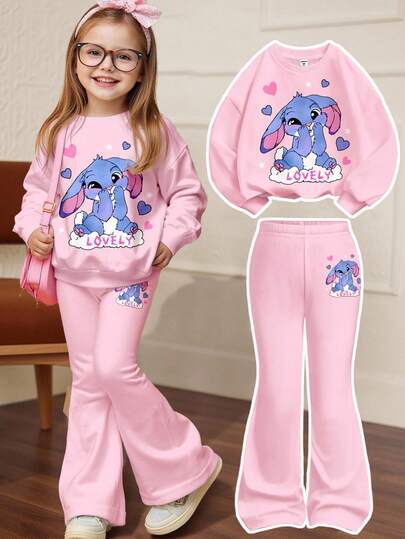 SHEIN Ensemble sweat-shirt à manches longues et pantalon évasé pour jeune fille, rose vif, mignon et amusant, motif de dessin animé, motif de point, minimaliste et décontracté, col ras du cou, épais, pour l'automne et l'hiver, tenues d'automne pour filles, confort facile, superpositions d'automne pour filles, enfants élégants, vêtements décontractés, vêtements graphiques pour enfants, vêtements d'automne