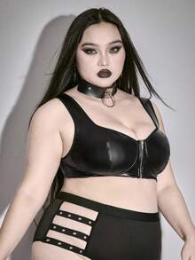 ROMWE Grunge Punk Sujetador con aros y sujetador sin aros de talla grande, estilo punk oscuro con cremallera de PU