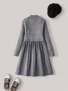 PrepCrw 1 件青少年女孩优雅校园风格休闲都市温暖罗纹褶皱长袖修身连衣裙，适合返校、日常穿着、外出、度假、秋冬 - 灰色 - 查看 3