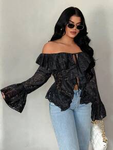 SHEIN SXY Áo ren trắng mỏng tay dài hở vai nhún bèo giản dị dành cho nữ, thích hợp cho kỳ nghỉ hè - màu đen - Xem 3