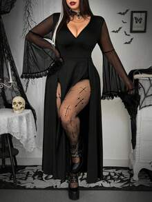Whyspr Große Größen Damen V-Ausschnitt Langarm Glockenärmel Spitze Patchwork Mesh transparentes elegantes Vintage Lässig Süß Sexy Punk Goth Party Halloween langes Kleid mit Doppelschlitz
