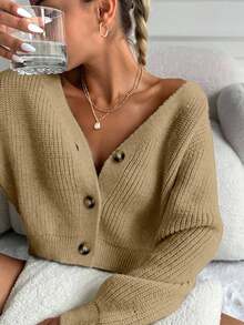 SHEIN Cottnline Women's Solid Color V-Neck Front Button Casual Versatile Long Sleeve Cardigan - Camel - View 5