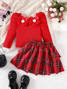 SHEIN 2pcs/Set Young Girls Autumn New Outfit,Off Shoulder Puff Sleeve Top With 3D Floral Decor,Red Plaid Skirt,Elegant Vintage Birthday Party Suit,Christmas - Red - View 8