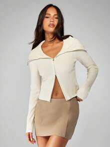 MISSGUIDED Ribbed Knit Zip Front Cardigan Long Sleeve Winter Sweater High Neck Collar Fitted Crop Length Fashion Knitwear - Apricot - View 5