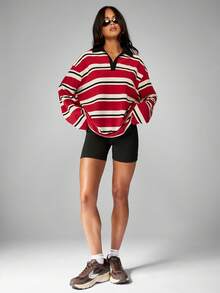 MISSGUIDED Áo thun polo kẻ sọc cổ tròn cổ điển Varsity Rugby cỡ lớn có cổ tương phản, tay dài, phong cách học sinh, thường ngày mùa thu đông - Nhiều màu - Xem 3