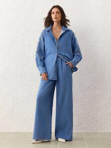 Selenza 女式撞色蕾丝长袖单排扣衬衫和牛仔裤休闲套装 - 藍色 - 查看 3