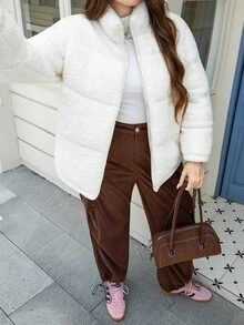 SHEIN LUNE 加大码女式米色珊瑚绒北极泡泡面料加厚保暖秋冬季外套立领毛绒让你温暖的冬季外套 - 米色 - 查看 4