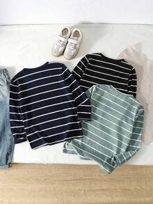 SHEIN Vintaside Kids 3件套男童条纹T恤、秋冬汗衫 - 彩色 - 查看 2