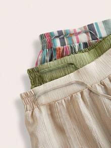 SHEIN Essnce 3pcs Plus Size Women Casual Waist Tie Pockets Straight Leg Pants Set, Suitable For Summer, Striped Fabric, Cool Wear, Easy Comfort, Casual Wear, Boho