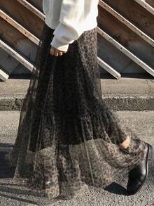 FRIFUL 女士弹力腰带透视豹纹褶裥下摆休闲百搭半身裙，秋冬款