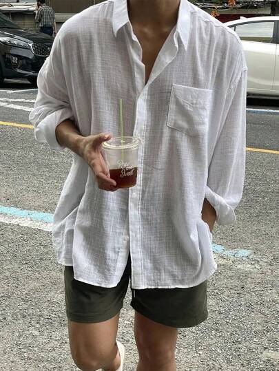 남성 솔리드 컬러 버튼 프론트 긴팔 포켓 캐주얼 셔츠