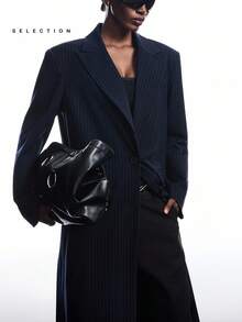 LYSMO SELECTION 2025 Navy Striped Long Blazer Women's Business Casual Summer Office Fashion Minimalist Wide Shoulder Oversize Commuter Streetwear,Fall - Navy Blue - View 6
