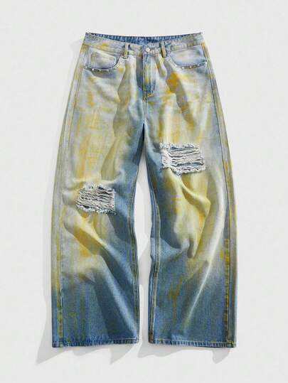 Street Life جينز رجالي واسع الساق مبهت مرتخي عادي للجيب