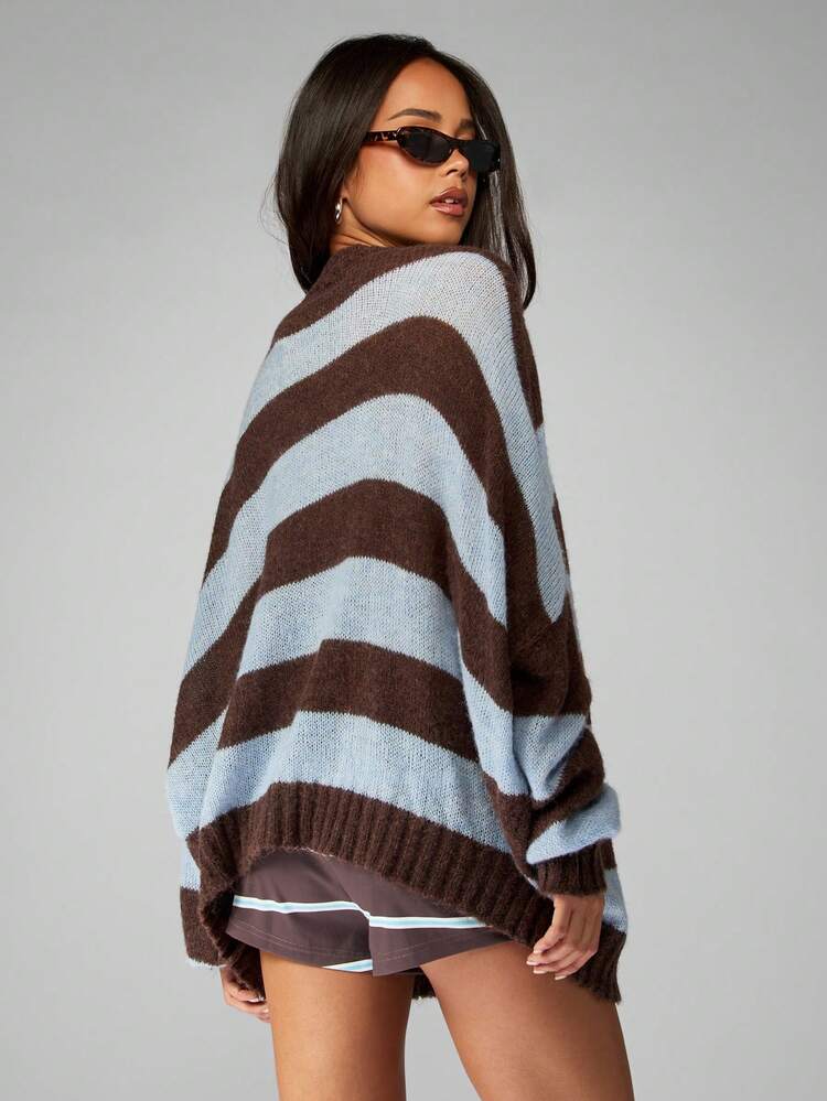MISSGUIDED Oversized V-Ausschnitt horizontal gestreifter Knopf-Cardigan, Winter Lässig Langarm Strickpullover, warme, dicke Strickware