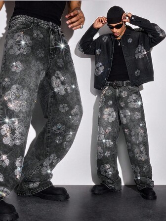 Street Life Jeans de moda para hombre con lavado desgastado y adornos de rhinestones