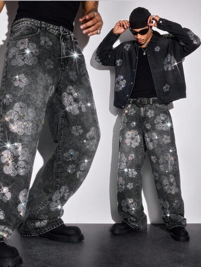 Street Life Men's Fashion Washed Distressed Rhinestone Embellished Jeans