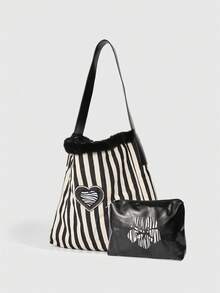 ROMWE 2 Pcs Retro Style Black And White Striped Fur Edge Decoration Women's Shoulder Bag, Large Capacity Flower Printed Mother And Bag, Suitable For Daily Travel In Autumn And Winter, Leopard Print Heart-Shaped Decoration Commuting Bag - Black and White - View 3
