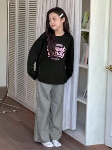 DAZY 2pcs Kids Tween Girls Crew Neck Printed Long Sleeve T-Shirt + Striped Woven Pants Loungewear Set, Autumn