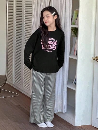 DAZY 2 件儿童青少年女孩圆领印花长袖 T 恤 + 条纹梭织裤家居服套装，秋季