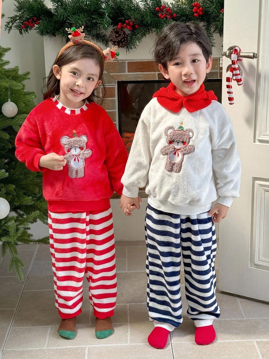 Genkimix Kids 圣诞节小男孩可爱熊刺绣蓬松白色圆领卫衣套装搭配黑白条纹宽松裤套装 - 白色 - 查看 1