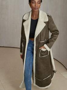 Aveloria Modichic Women's Casual Fashion Street Faux Fur Lined Long Coat With Belt, Autumn/Winter - Army Green - View 4