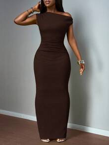 Slaydiva 2025 Spring/Summer New Arrival, Suitable For Birthday Party, Back To School, Campus Style, Daily Wear, Casual, Vacation, Cruise Travel, Beach, Sunbathing, Viral , Streetwear, Elegant, Commute, Business Casual, Sexy, One-Shoulder, Bodycon, Textured Vertical Stripe Fabric, Green, Women's Extra Long Maxi Dress For Summer